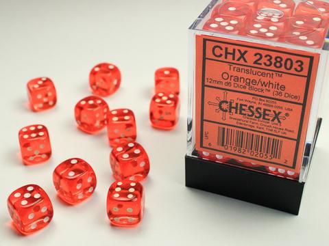 36 Orange with white Translucent 12mm D6 Dice