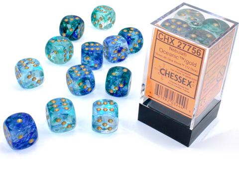Chessex: Nebula 16mm W6 Oceanic/gold Luminary Würfel Block (12)