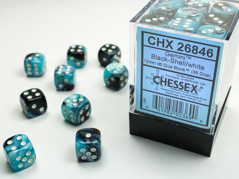 Chessex: Gemini 12mm W6 Black-Shell/white Würfel Block (36)