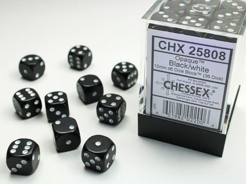 Chessex: Opaque 12mm W6 Black/white Würfel Block (36)