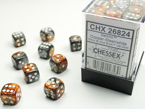 Chessex: Gemini 12mm W6 Copper-Steel/white Würfel Block (36)