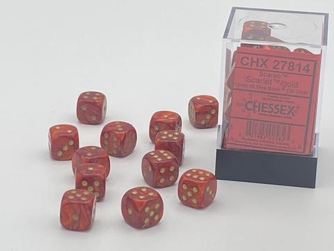 Chessex: Scarab 12mm W6 Scarlet/gold Würfel Block (36)
