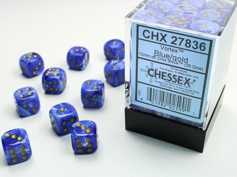Chessex: Vortex 12mm W6 Blue/gold Würfel Block (36)