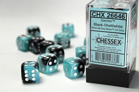 Chessex: Gemini 16mm W6 Black-Shell/white Würfel Block (12)