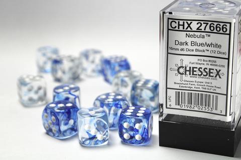 Nebula Dark Blue w/white Signature 16mm d6 with pips Dice Blocks (12 Dice)