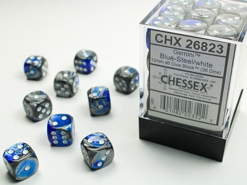 Gemini 12mm D6 Dice Block (36)  Blue-Steel w/white