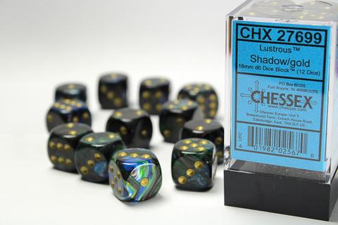 Lustrous 16mm d6 Shadow/gold Dice Block (12 dice)