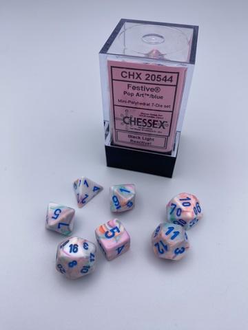 Festive® Mini-Polyhedral Pop Art'/blue 7-Dice set