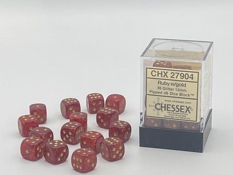 Glitter 12mm d6 Ruby/gold Dice Block (36 dice)