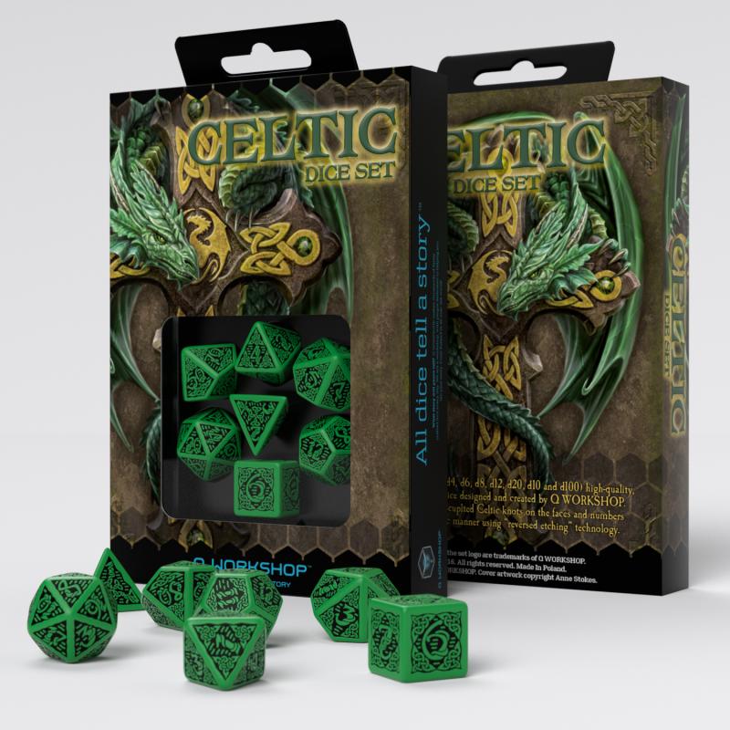 Celtic 3D Revised Green & black Dice Set (7)