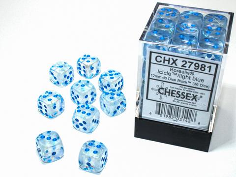 Chessex: Borealis 12mm W6 Icicle/light blue Luminary Würfel Block (36)