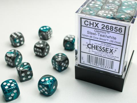 Chessex: Gemini 12mm W6 Steel-Teal/white Würfel Block (36)