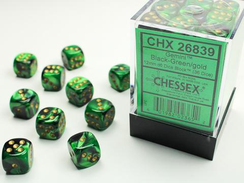 Chessex: Gemini 12mm W6 Black-Green/gold Würfel Block (36)