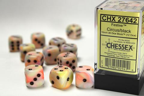 Festive 16mm d6 Circus/black Dice Block (12 dice)