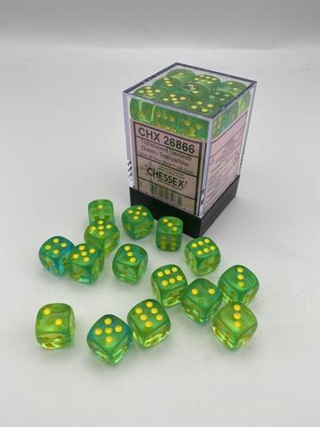 Chessex: Gemini 12mm W6 Translucent Green-Teal/yellow Würfel Block (36)