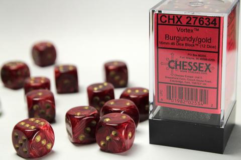 Chessex: Vortex 16mm W6 Burgundy/gold Würfel Block (12)