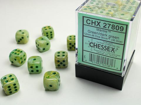 Marble 12mm D6 Dice Block (36) Green/Dark Green