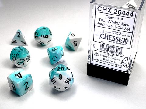 White-Teal w/black Gemini Polyhedral 7-Die Sets