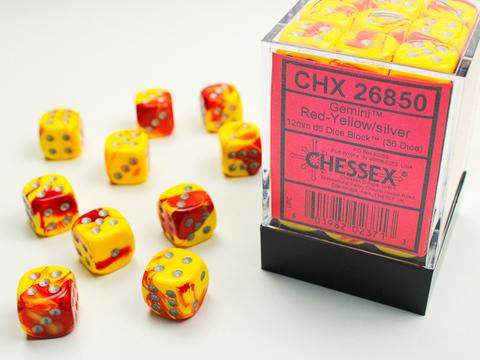 Chessex: Gemini 12mm W6 Red-Yellow/silver Würfel Block (36)