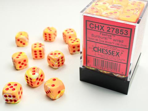 Festive 12mm d6 w/pips Sunburst/red Dice Block (36 dice)