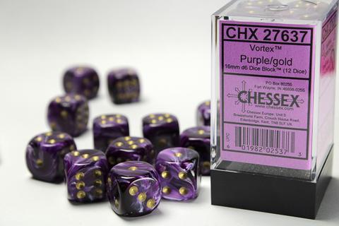 Chessex: Vortex 16mm W6 Purple/gold Würfel Block (12)