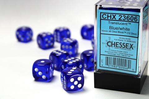 Chessex: Translucent 16mm W6 Blue/white Würfel Block (12)