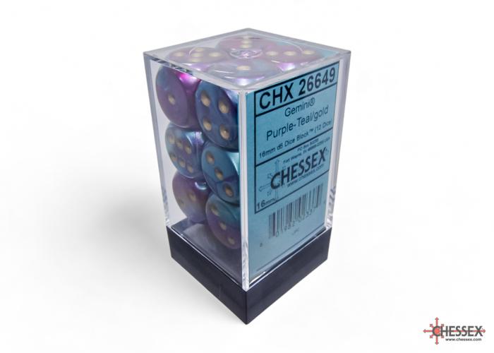 Chessex: Gemini 16mm W6 Purple-Teal/gold Würfel Block (12) Chessex: Gemini 16mm W6 Purple-Teal/gold Würfel Block (12)