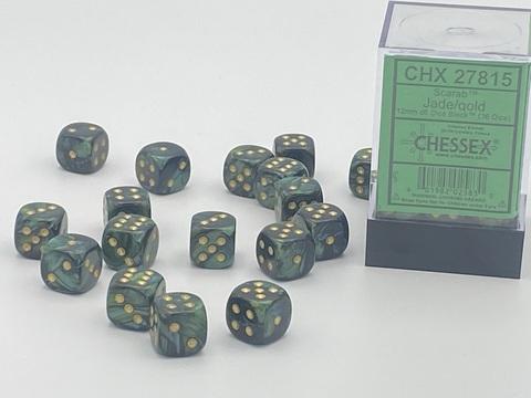 Chessex: Scarab 12mm W6 Jade/gold Würfel Block (36)