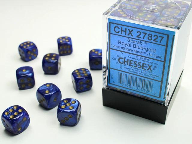 Chessex: Scarab 12mm W6 Royal Blue/gold Würfel Block (36)