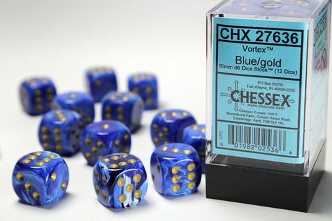 Vortex 16mm d6 Blue/gold Dice Block (12 dice)