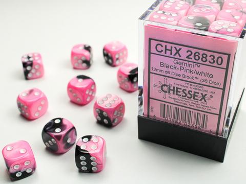 Chessex: Gemini 12mm W6 Black-Pink/white Würfel Block (36)