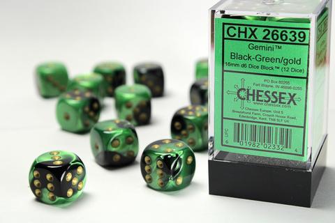 Chessex: Gemini 16mm W6 Black-Green/gold Würfel Block (12)