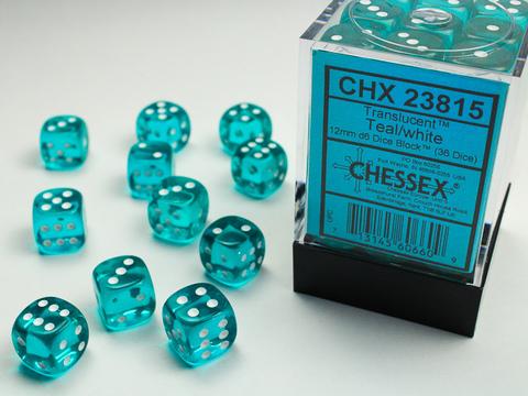 Chessex: Translucent 12mm W6 Teal/white Würfel Block (36)