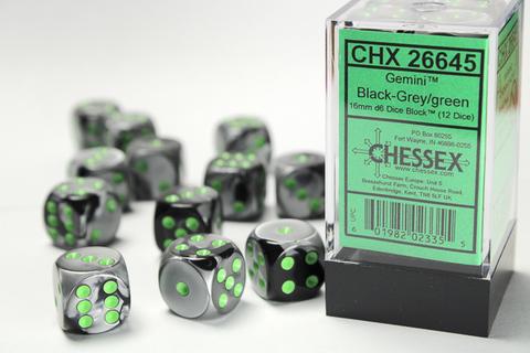 Black-Grey w/green 16mm D6 Dice Block 12-Die Set