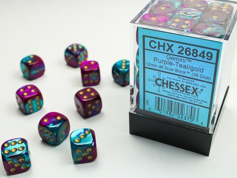 Chessex: Gemini 12mm W6 Purple-Teal/gold Würfel Block (36)