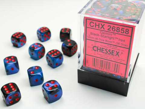 Chessex: Gemini 12mm W6 Black-Starlight/red Würfel Block (36)