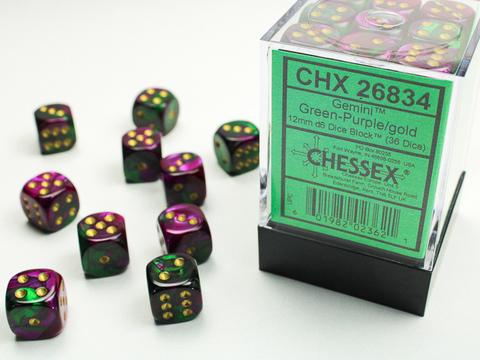 Chessex: Gemini 12mm W6 Green-Purple/gold Würfel Block (36)