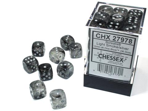 Borealis 12mm d6 Light Smoke/silver Luminary Dice Block (36 dice)