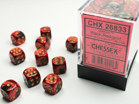 Chessex: Gemini 12mm W6 Black-Red/gold Würfel Block (36)