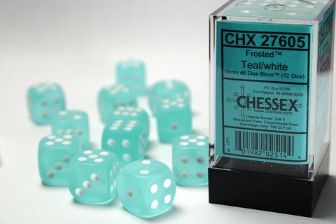 Frosted 16mm d6 Teal/white Dice Block (12 dice)