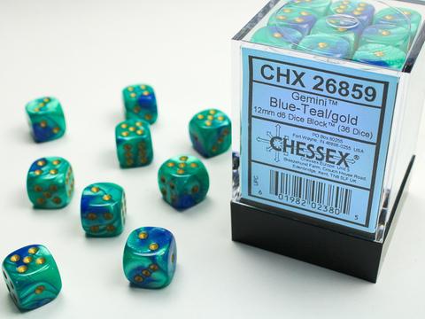 Gemini 12mm d6 Blue-Teal/gold Dice Block (36 dice)