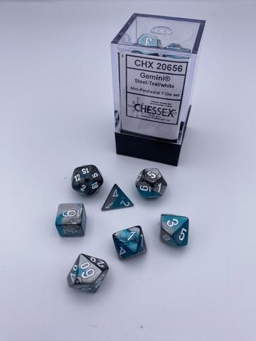 Gemini® Mini-Polyhedral Steel-Teal/white 7-Dice Set