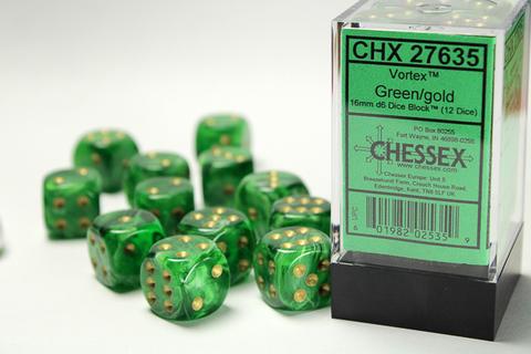 Vortex 16mm d6 Green/gold Dice Block (12 dice)