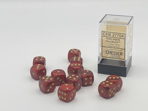 Glitter 16mm d6 Ruby/gold Dice Block (12 dice)