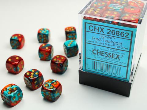 Chessex: Gemini 12mm W6 Red-Teal/gold Würfel Block (36)