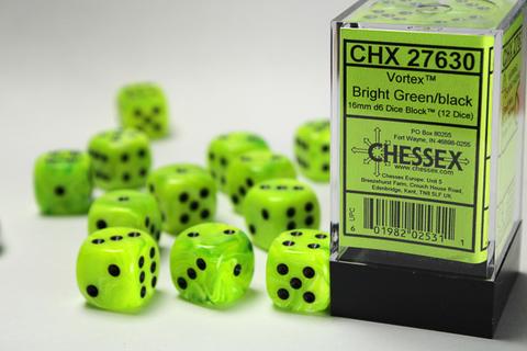 Chessex: Vortex 16mm W6 Bright Green/black Würfel Block (12)