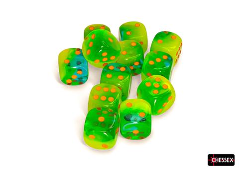 Chessex: Gemini 16mm W6 Plasma Green-Teal/orange Luminary Würfel Block (12)