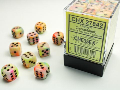 Festive 12mm D6 Dice Block (36) Circus/Black