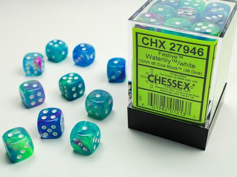 Chessex: Festive 12mm W6 Waterlily/white Würfel Block (36)