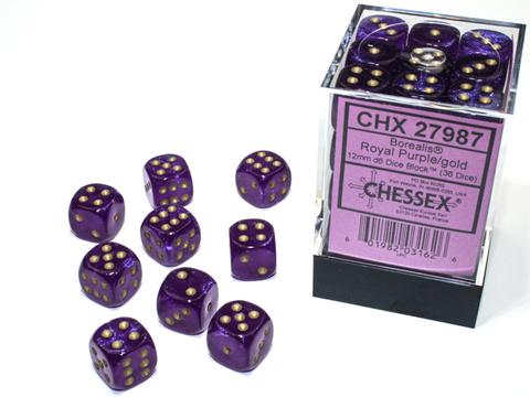 Chessex: Borealis 12mm W6 Royal Purple/gold Luminary Würfel Block (36)
